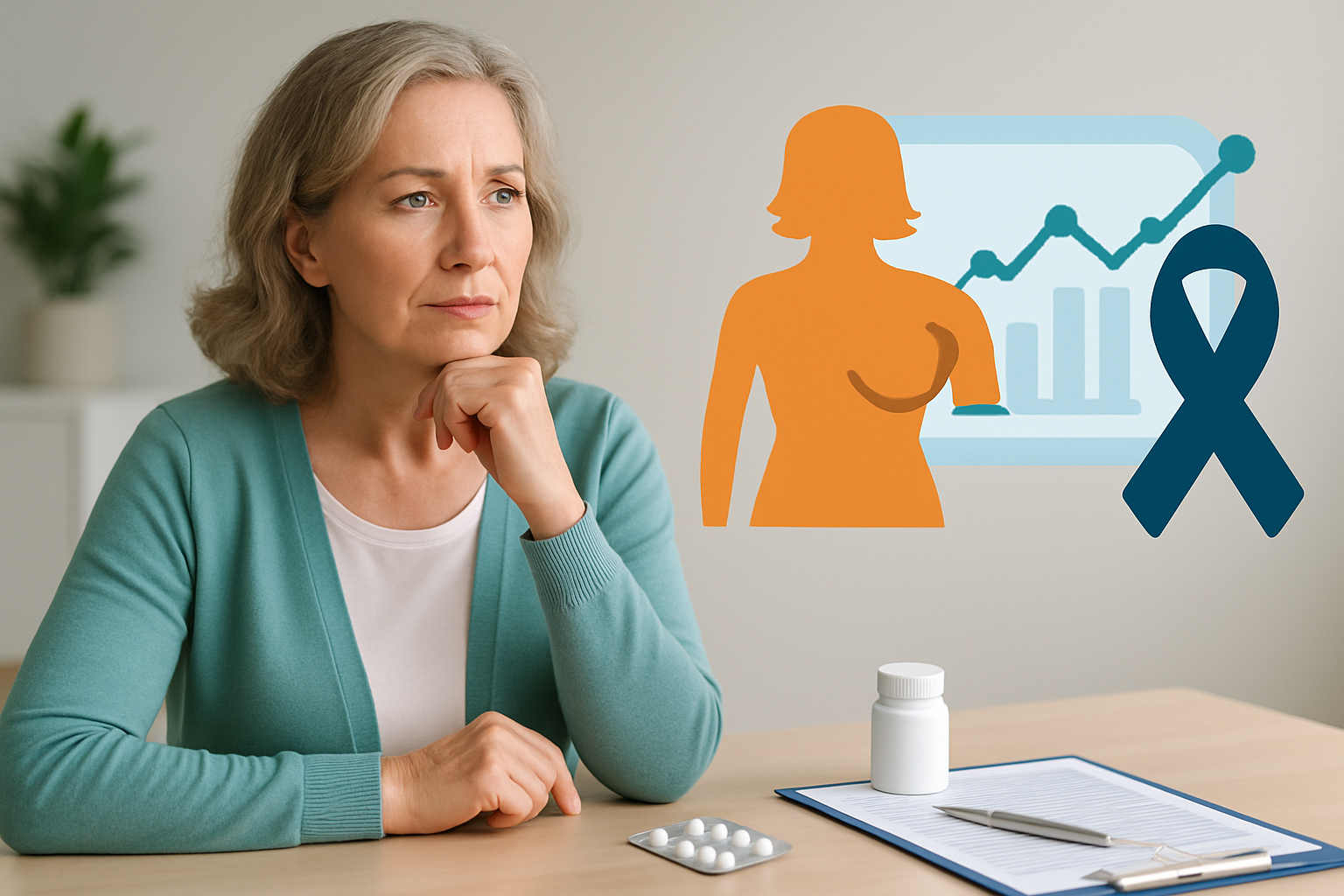 Frau bei ärztlicher Beratung zu Brustkrebsrisiko und Hormonersatztherapie