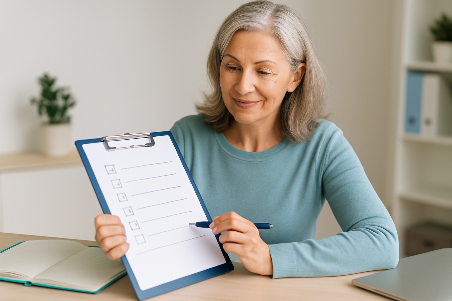Frau bereitet sich mit Notizen auf Arztgespräch zur Hormonersatztherapie vor