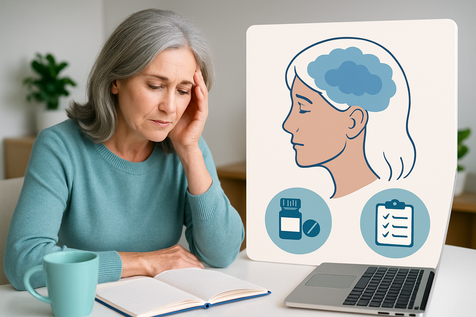 Frau in den Wechseljahren kämpft mit Konzentrationsproblemen und vergesslichkeit am Arbeitsplatz