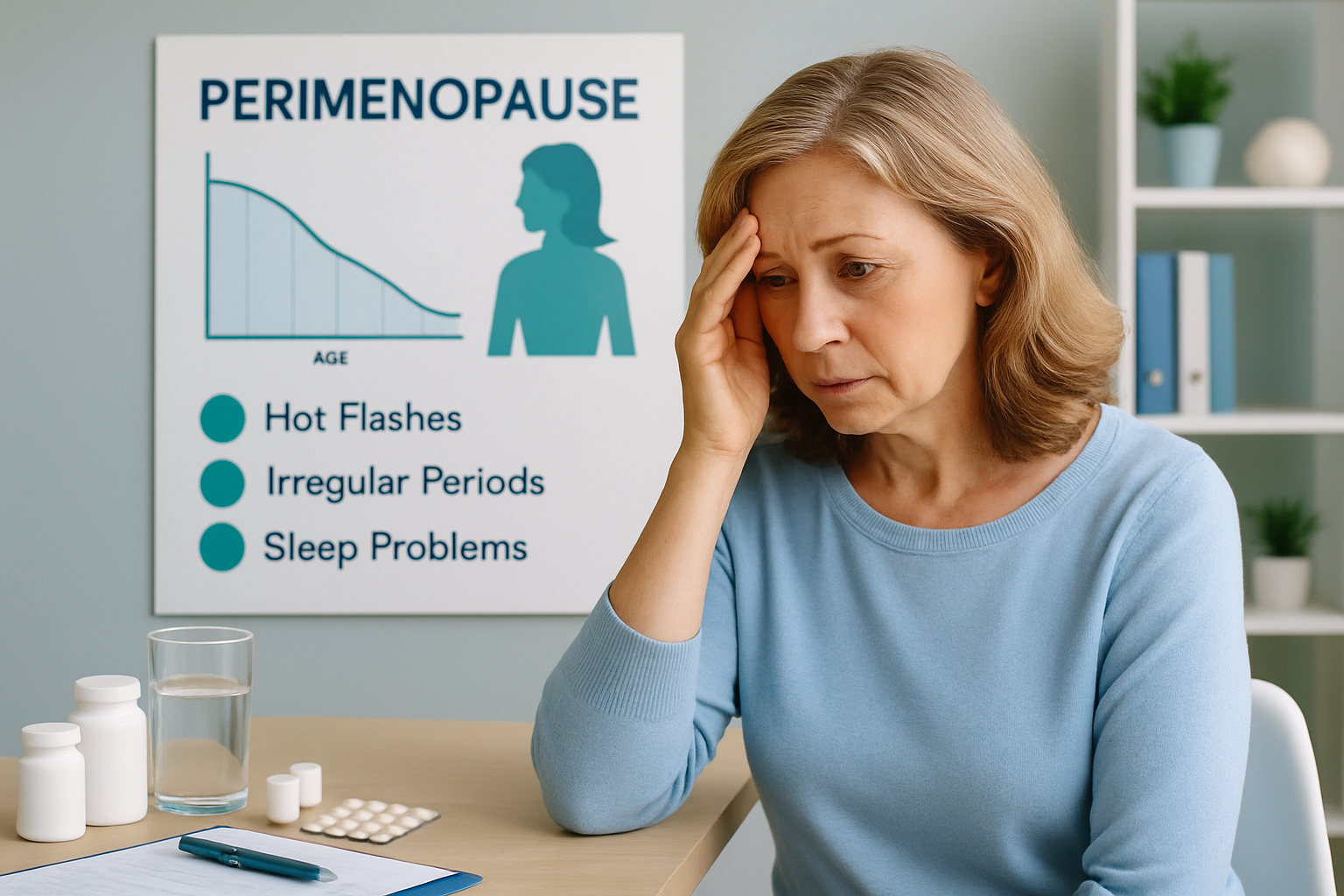 Frau Anfang 40 erkennt erste Anzeichen der Perimenopause und informiert sich über beginnende Wechseljahre