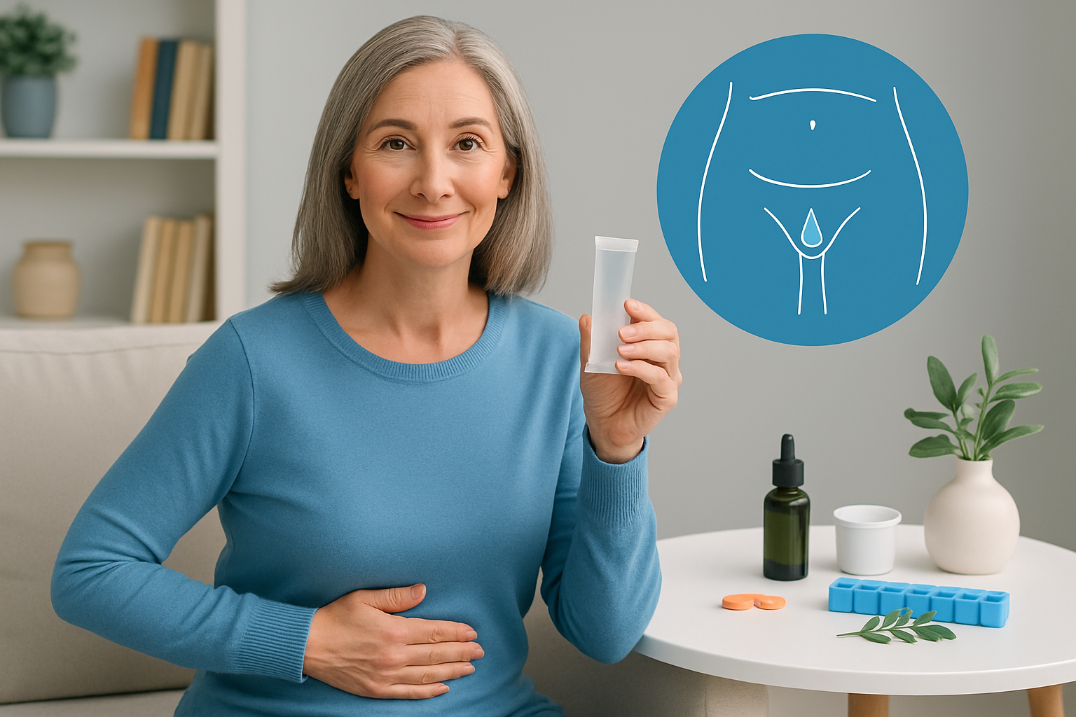 Frau informiert sich über Behandlungsmöglichkeiten bei Scheidentrockenheit in den Wechseljahren